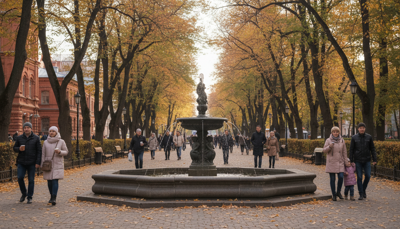 осенний парк в Мытищах, пешеходная аллея, старинный фонтан, гуляющие горожане