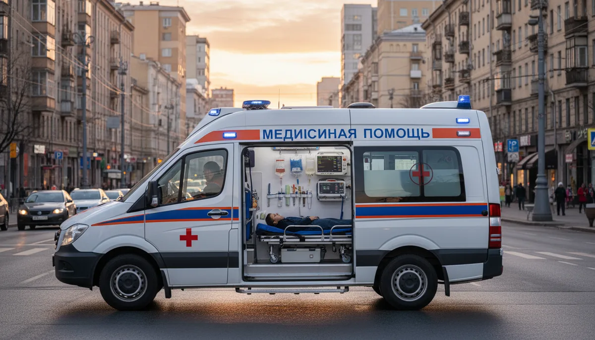 специализированный реанимобиль на городской улице, медицинское оборудование внутри салона