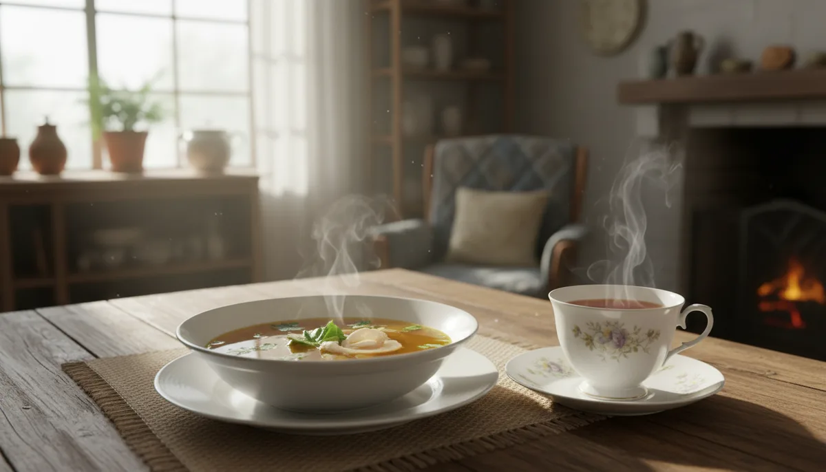 Тарелка с лёгким бульоном, чашка чая, уютная кухня, утренний свет, восстановление